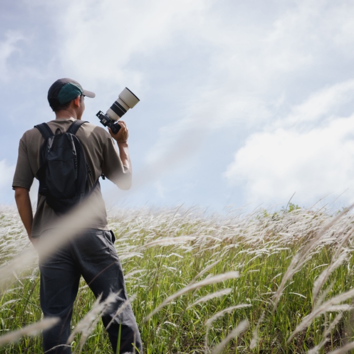 Cameraman standing holding camera in the middle of a meadow
