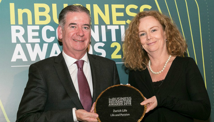 Zurich's Joe Creegan and Geraldine Colgan, accepting the Chambers Ireland Life and Pensions Award