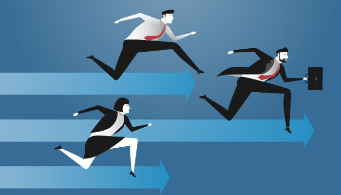 Illustration of business people running on arrows