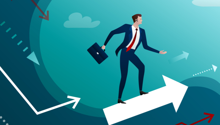 illustration of a business man standing on an arrow