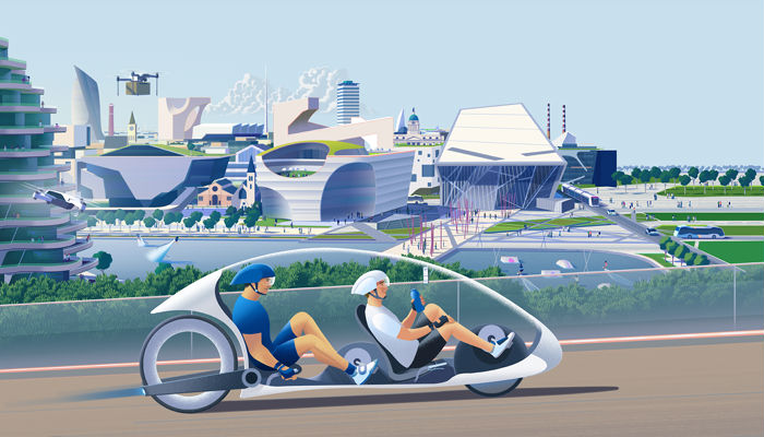 illustration of a futuristic dublin city with two men on a tandem bike 