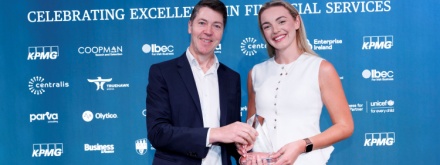 David Warren, Chief Investment Officer, Zurich Ireland accepts the award for Fund Management Company of the year from Christine Jones, Manager at award sponsor Coopman Search and Selection