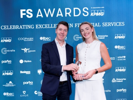 David Warren, Chief Investment Officer, Zurich Ireland accepts the award for Fund Management Company of the year from Christine Jones, Manager at award sponsor Coopman Search and Selection