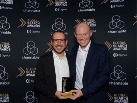 Sean Carty, head of digital marketing and Jannis Kiriasis SEO specialist from Zurich Ireland accepting a Global Search Award