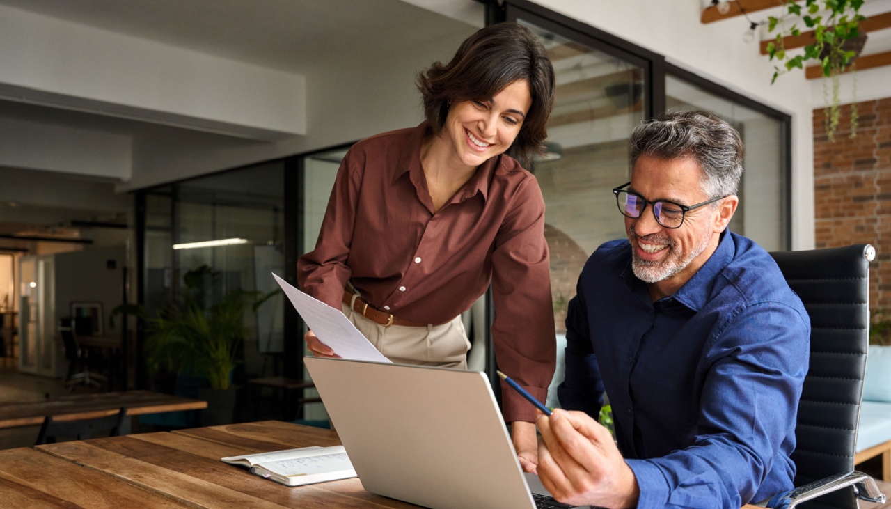 Happy busy executive people working together in office