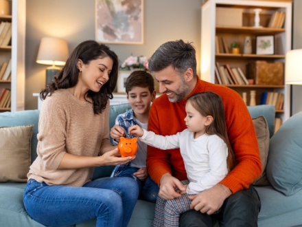 happy family father mother and two children with orange piggy bank