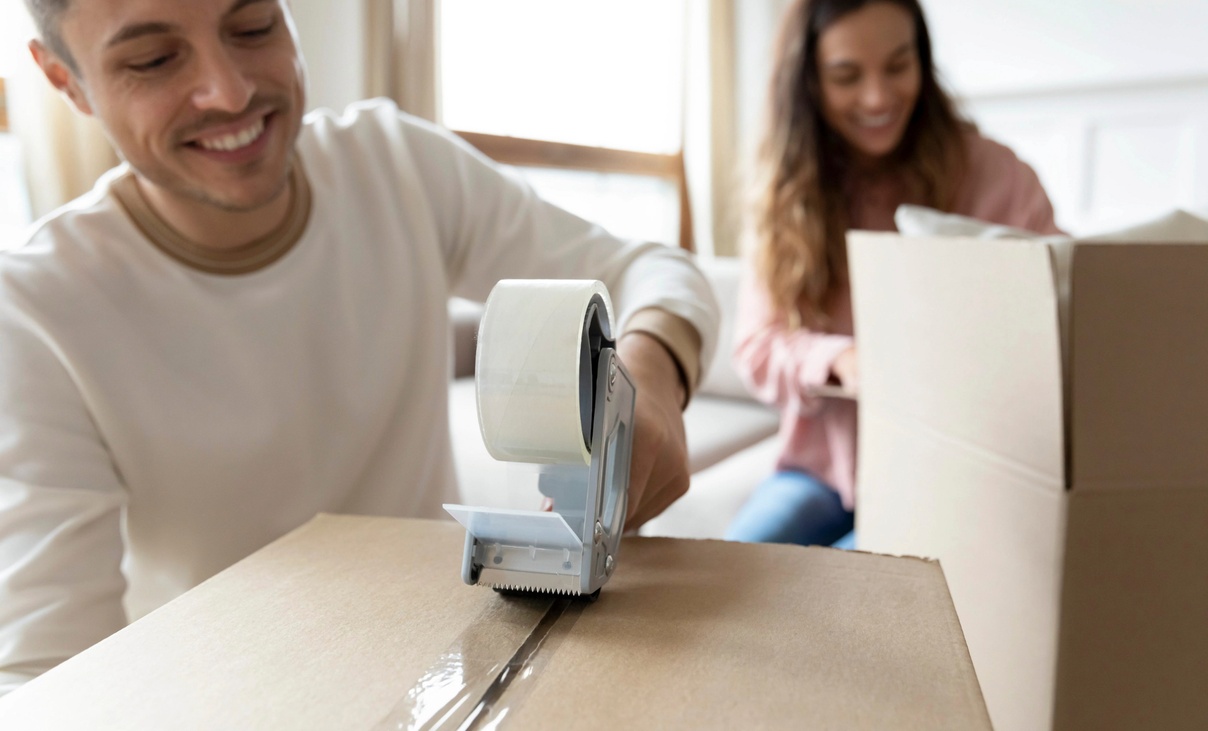 couple packing boxes to move house